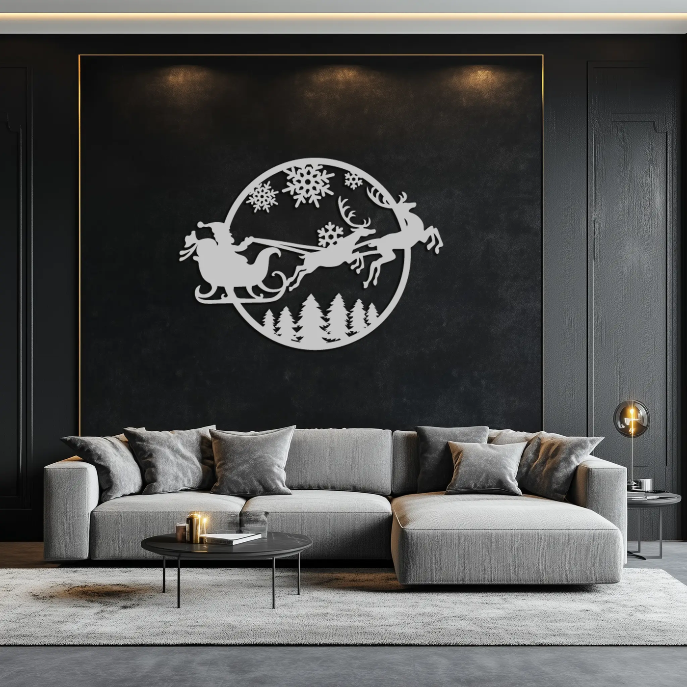 Santa Sleigh Metal Wall Art - Christmas Reindeer & Snowflake Decor- KAF287 by Enova Art