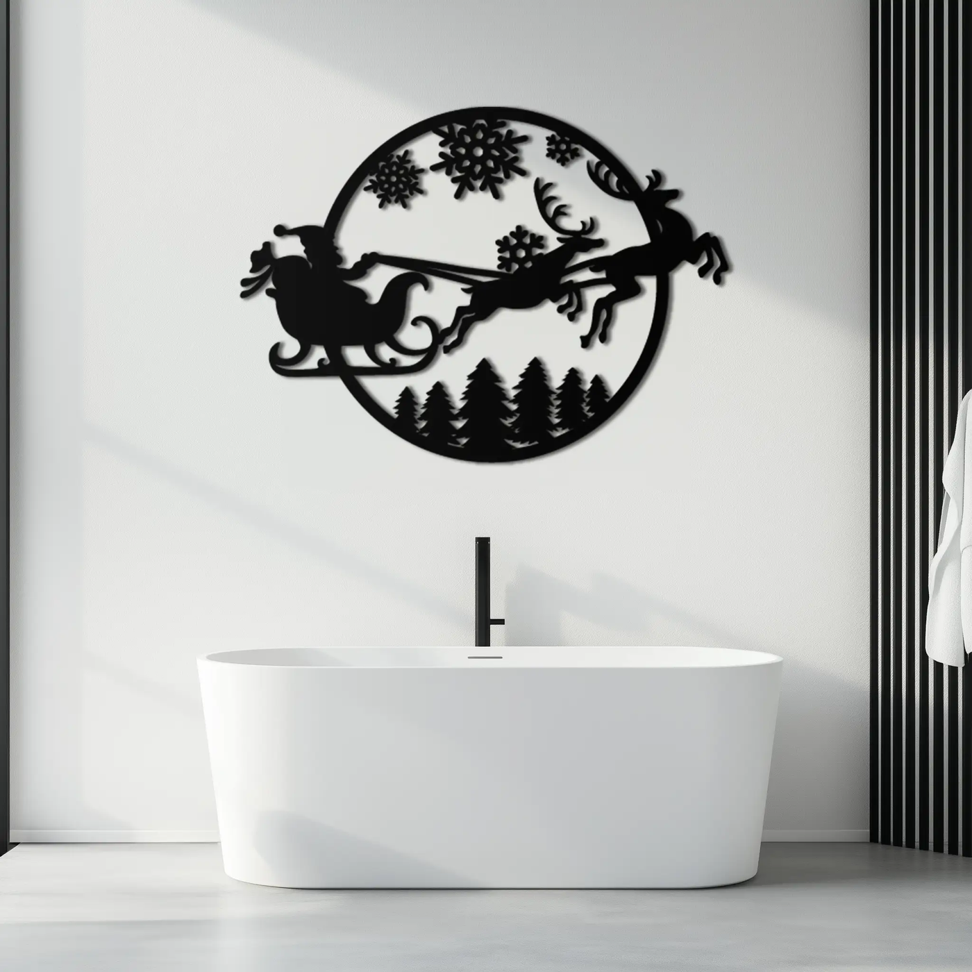 Santa Sleigh Metal Wall Art - Christmas Reindeer & Snowflake Decor- KAF287 by Enova Art