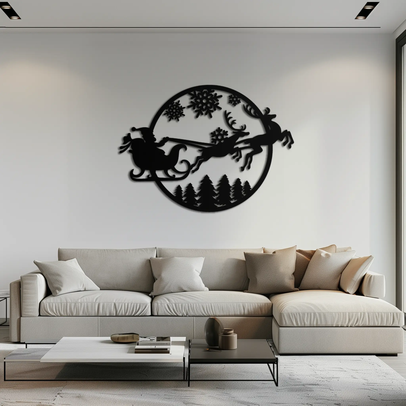 Santa Sleigh Metal Wall Art - Christmas Reindeer & Snowflake Decor- KAF287 by Enova Art