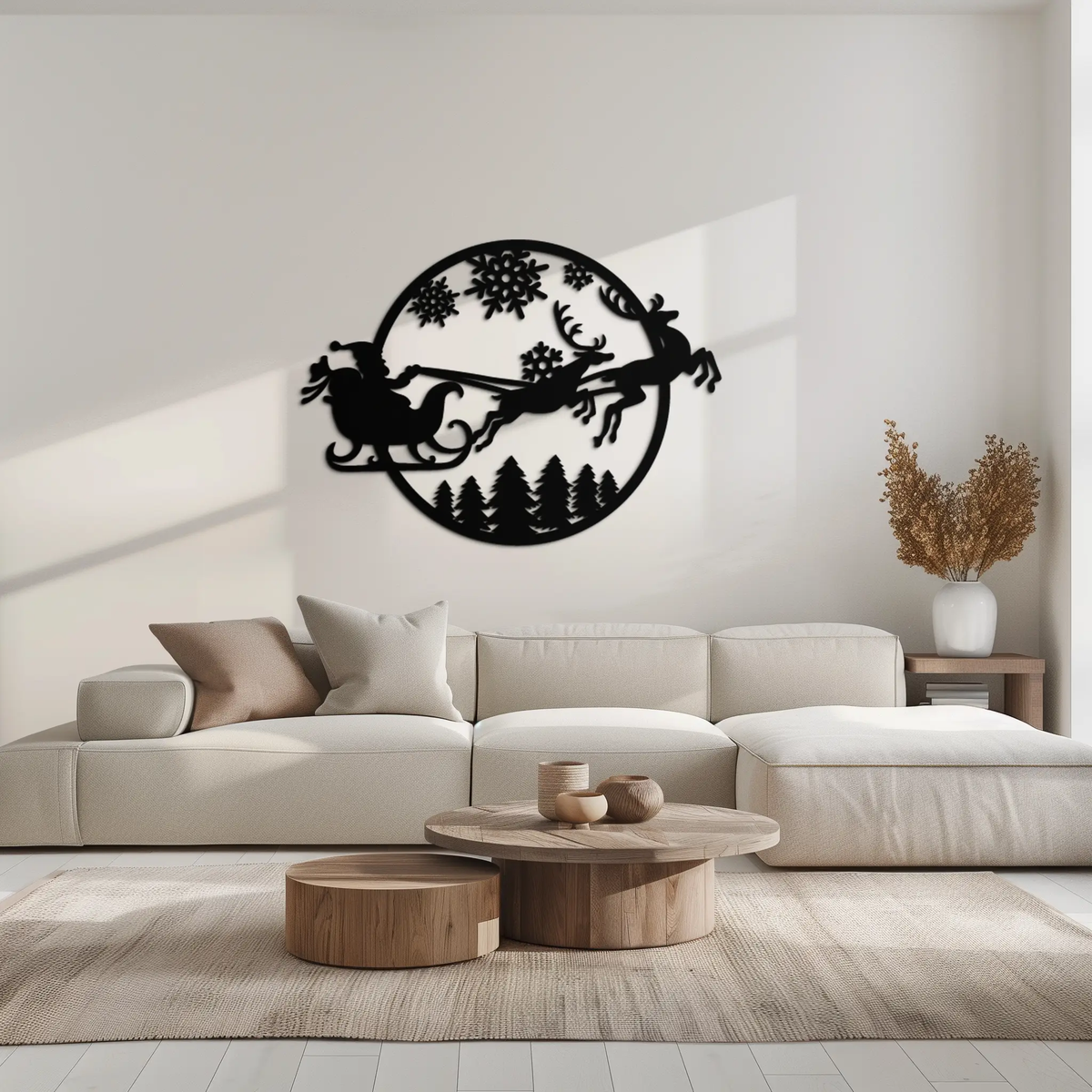 Santa Sleigh Metal Wall Art - Christmas Reindeer & Snowflake Decor- KAF287 by Enova Art