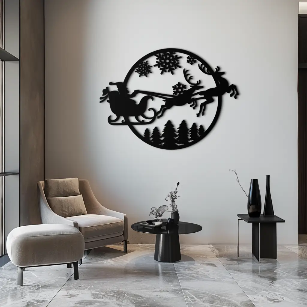 Santa Sleigh Metal Wall Art - Christmas Reindeer & Snowflake Decor- KAF287 by Enova Art