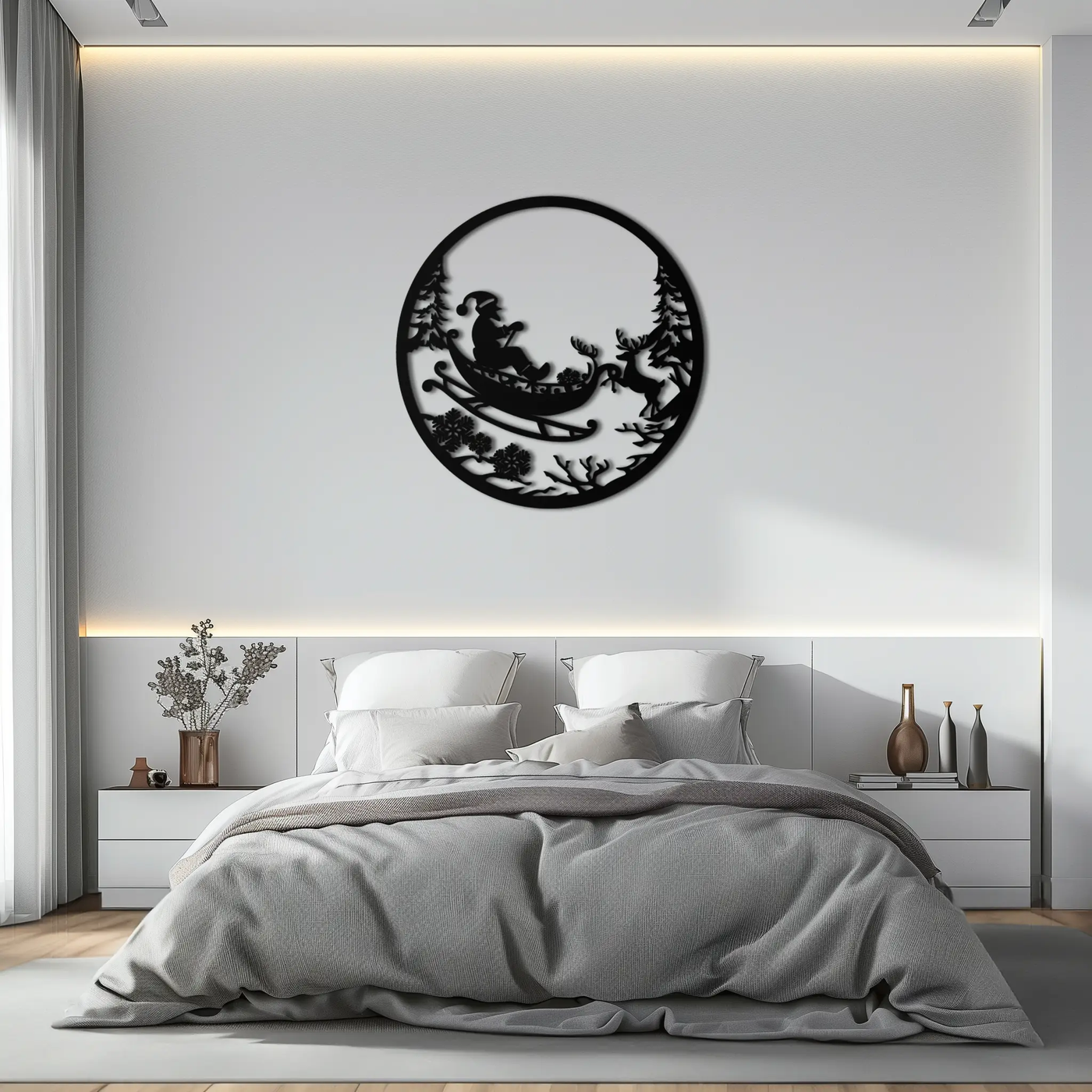 Santa Sleigh Metal Wall Art - Christmas Reindeer & Santa Decor- KAF289 by Enova Art