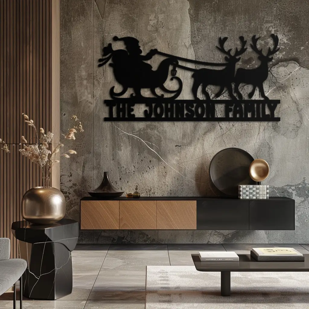 Santa Sleigh Personalized Metal Wall Art - Custom Family Christmas Decor- KAF293 by Enova Art
