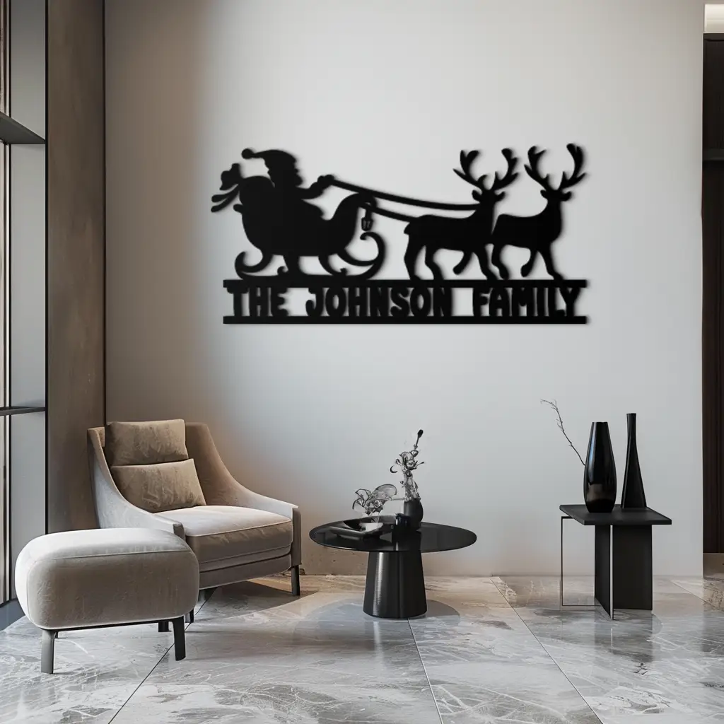 Santa Sleigh Personalized Metal Wall Art - Custom Family Christmas Decor- KAF293 by Enova Art