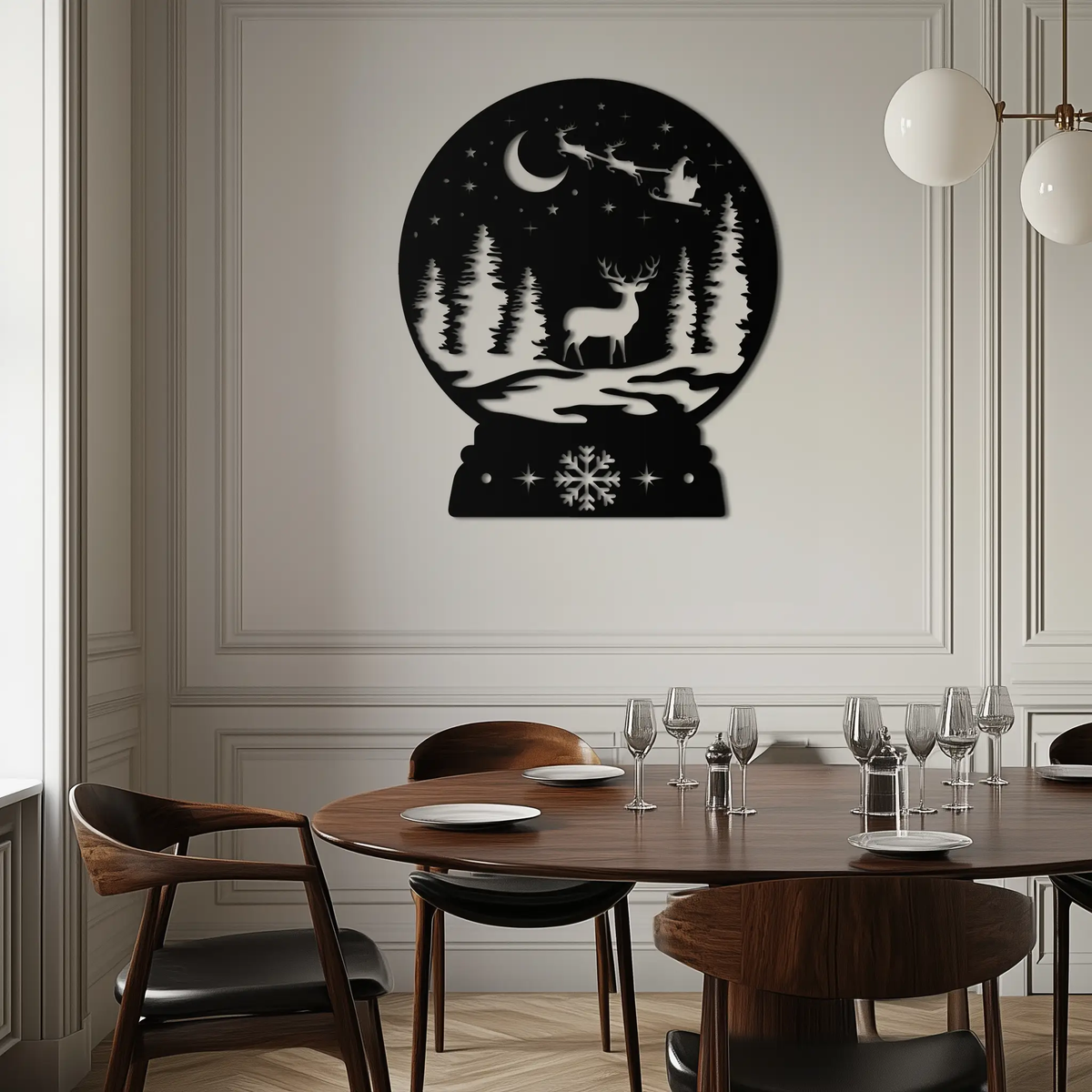 Winter Deer Snow Globe Metal Wall Art - Holiday Forest Scene Decor- KAF302 by Enova Art