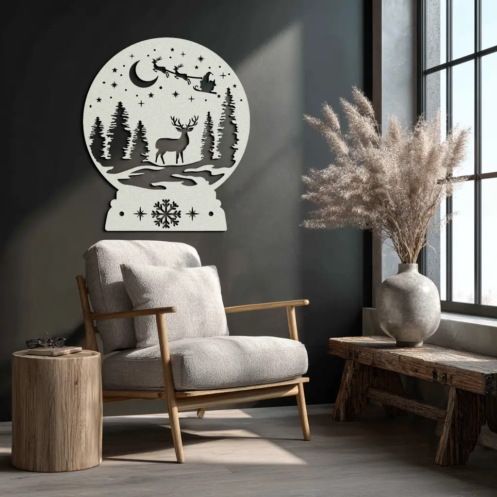 Winter Deer Snow Globe Metal Wall Art - Holiday Forest Scene Decor- KAF302 by Enova Art