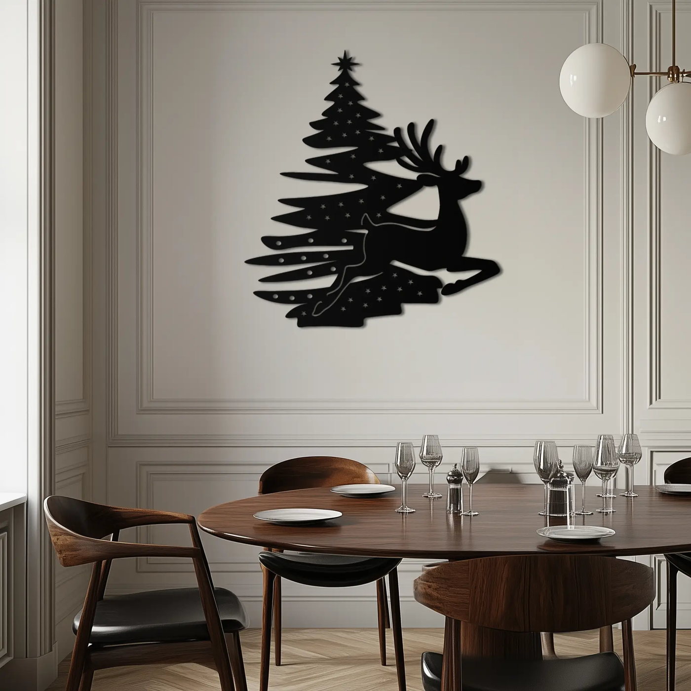 Reindeer and Christmas Tree Metal Wall Art - Festive Holiday Steel Decor- KAF304 by Enova Art