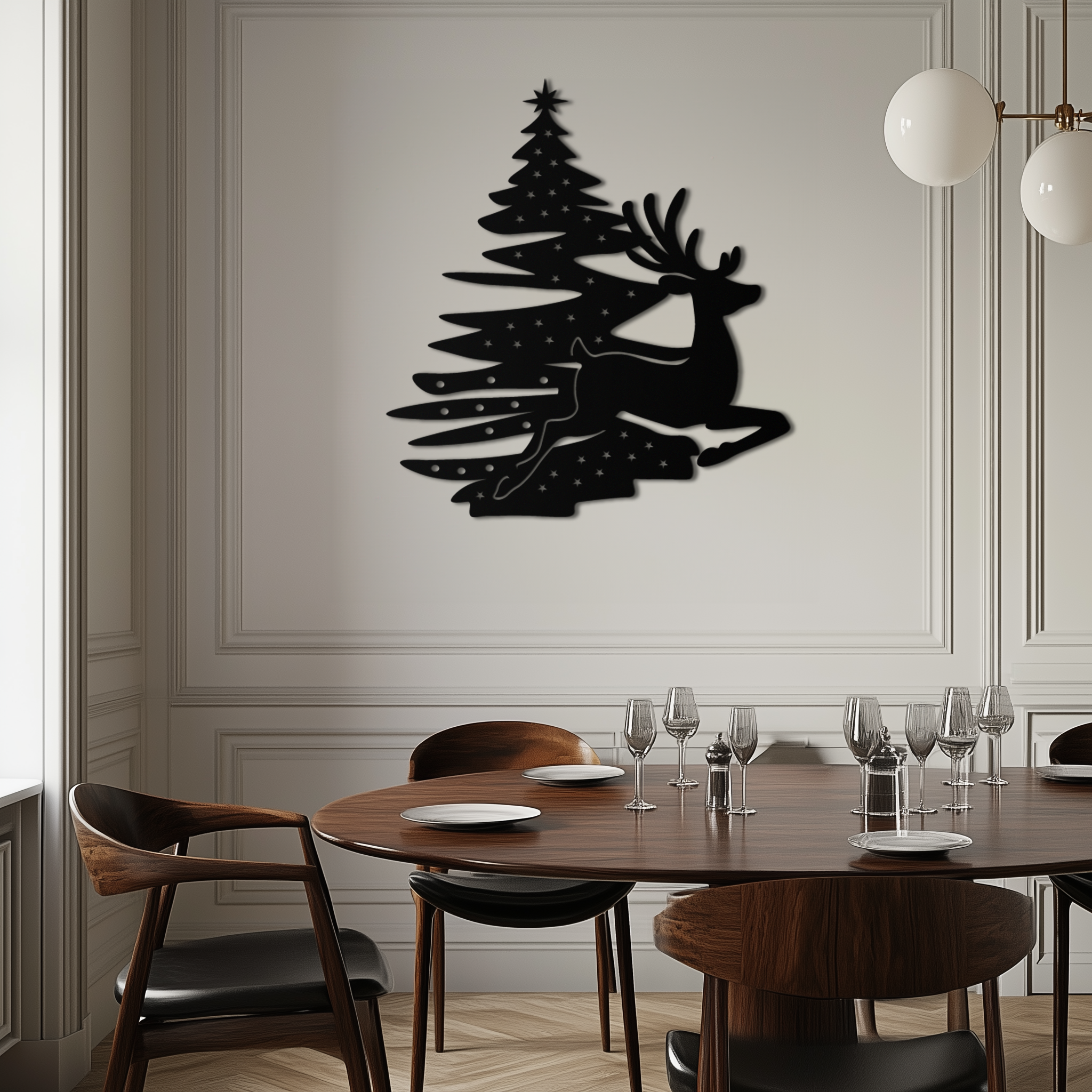 Reindeer and Christmas Tree Metal Wall Art - Festive Holiday Steel Decor- KAF304 by Enova Art