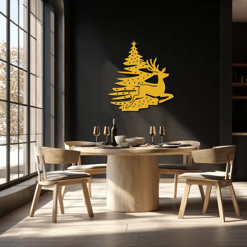 Reindeer and Christmas Tree Metal Wall Art - Festive Holiday Steel Decor- KAF304 by Enova Art