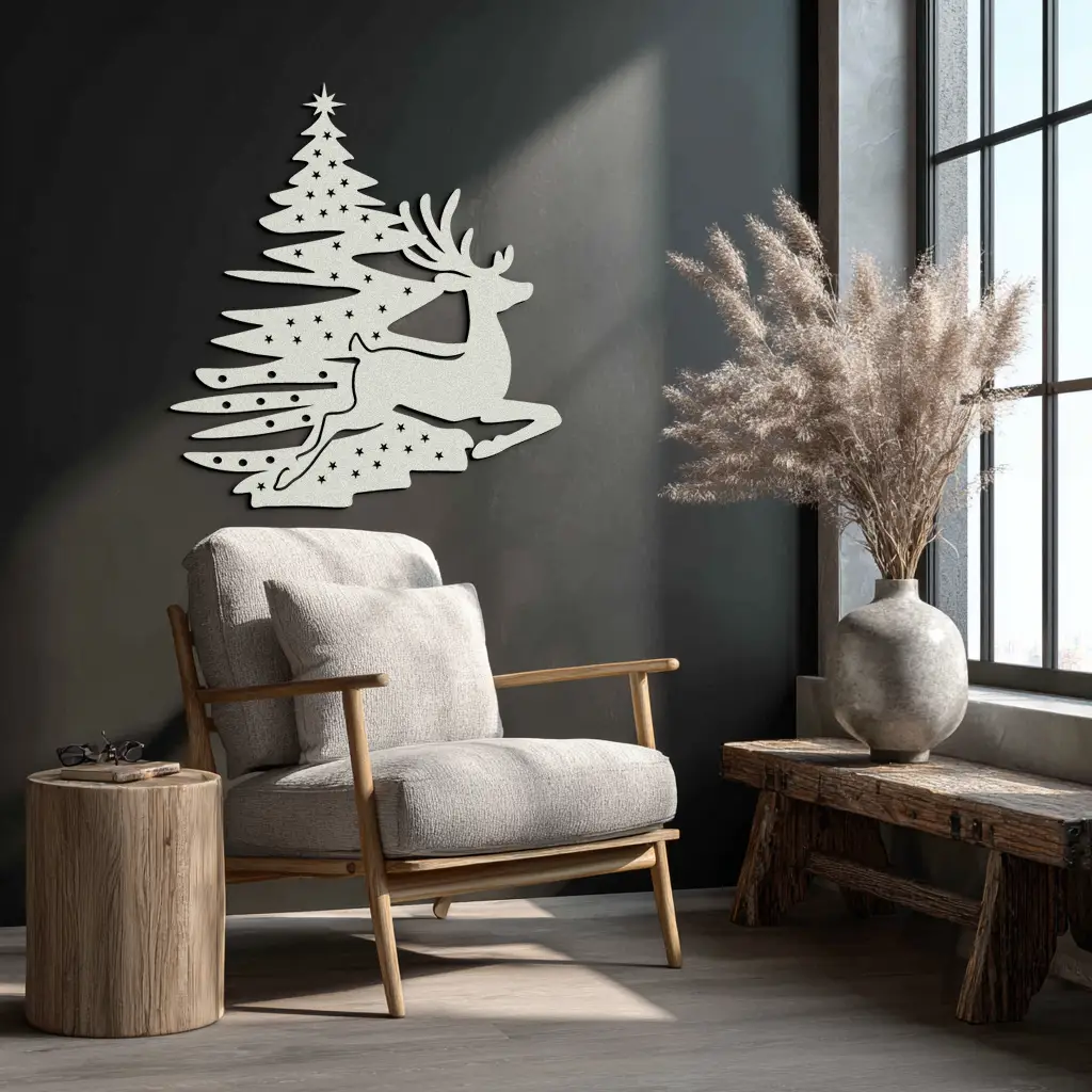 Reindeer and Christmas Tree Metal Wall Art - Festive Holiday Steel Decor- KAF304 by Enova Art