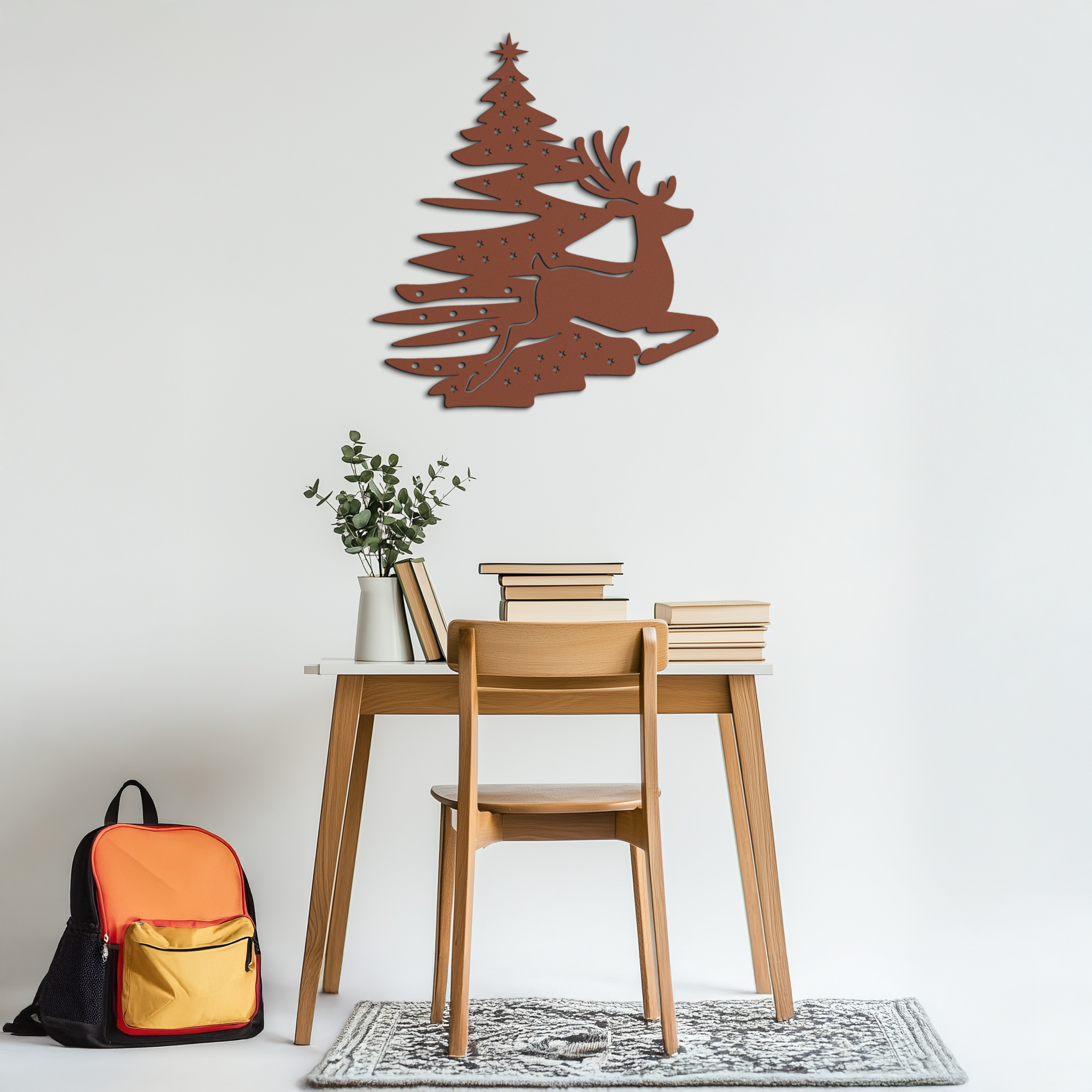 Reindeer and Christmas Tree Metal Wall Art - Festive Holiday Steel Decor- KAF304 by Enova Art