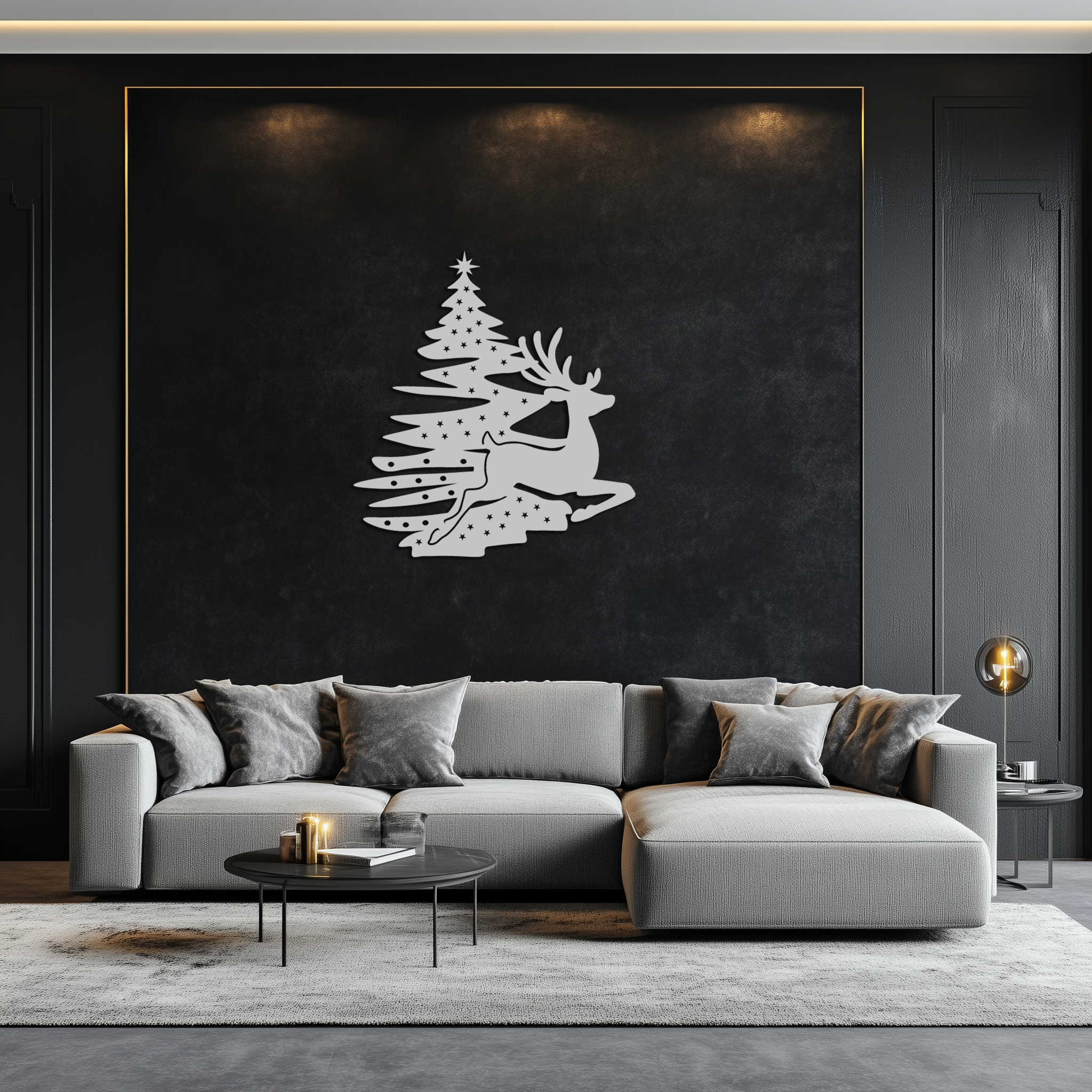 Reindeer and Christmas Tree Metal Wall Art - Festive Holiday Steel Decor- KAF304 by Enova Art