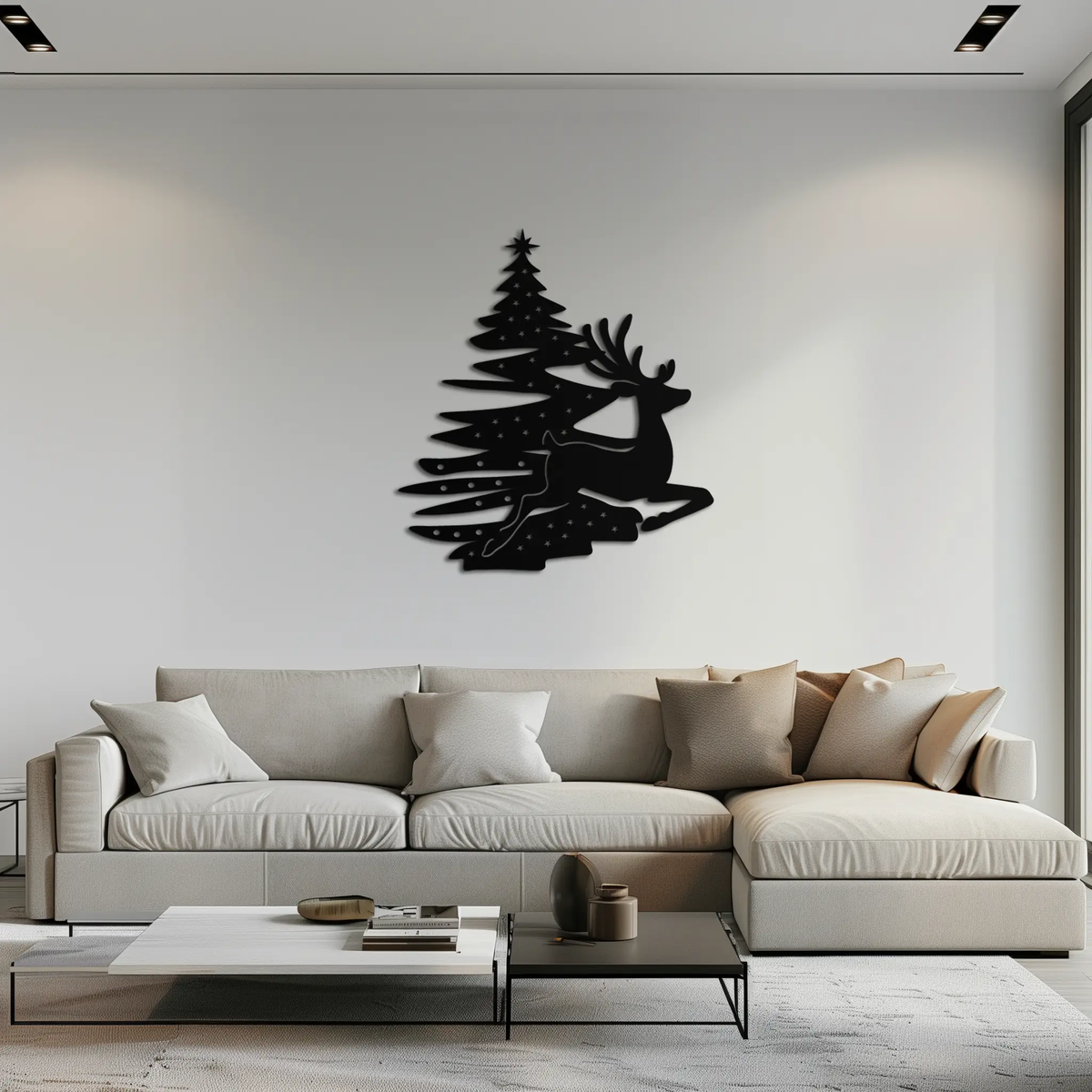 Reindeer and Christmas Tree Metal Wall Art - Festive Holiday Steel Decor- KAF304 by Enova Art