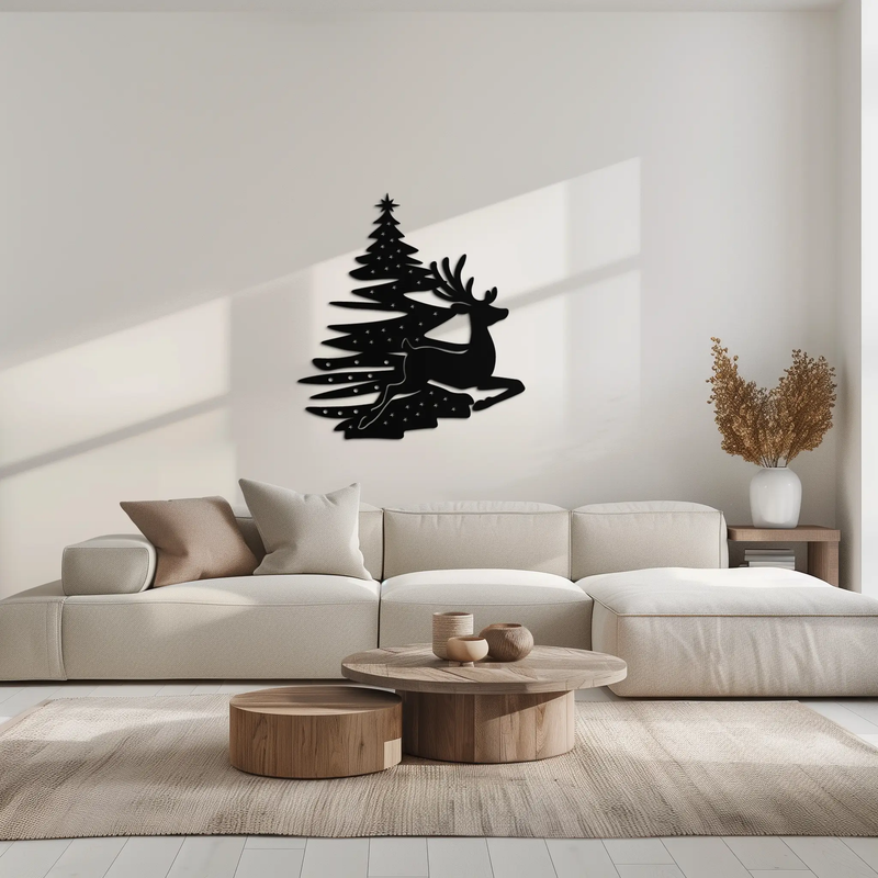Reindeer and Christmas Tree Metal Wall Art - Festive Holiday Steel Decor- KAF304 by Enova Art