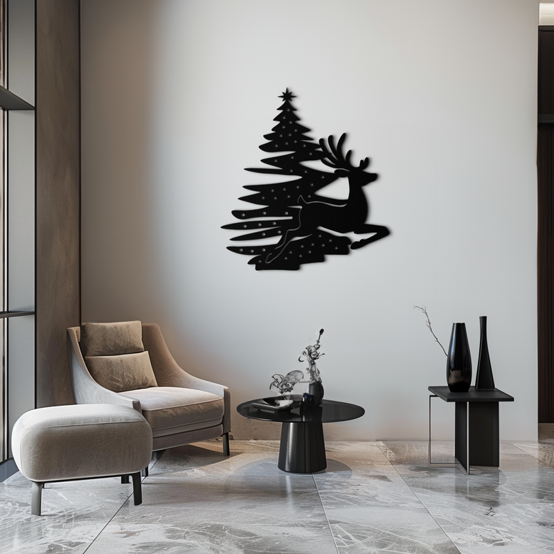 Reindeer and Christmas Tree Metal Wall Art - Festive Holiday Steel Decor- KAF304 by Enova Art