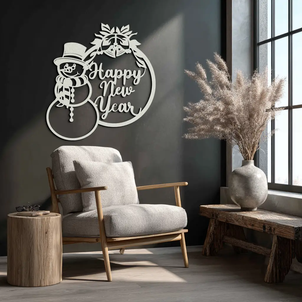 Happy New Year Metal Wall Art - Snowman Holiday Decor for Christmas and Winter- KAF305 by Enova Art