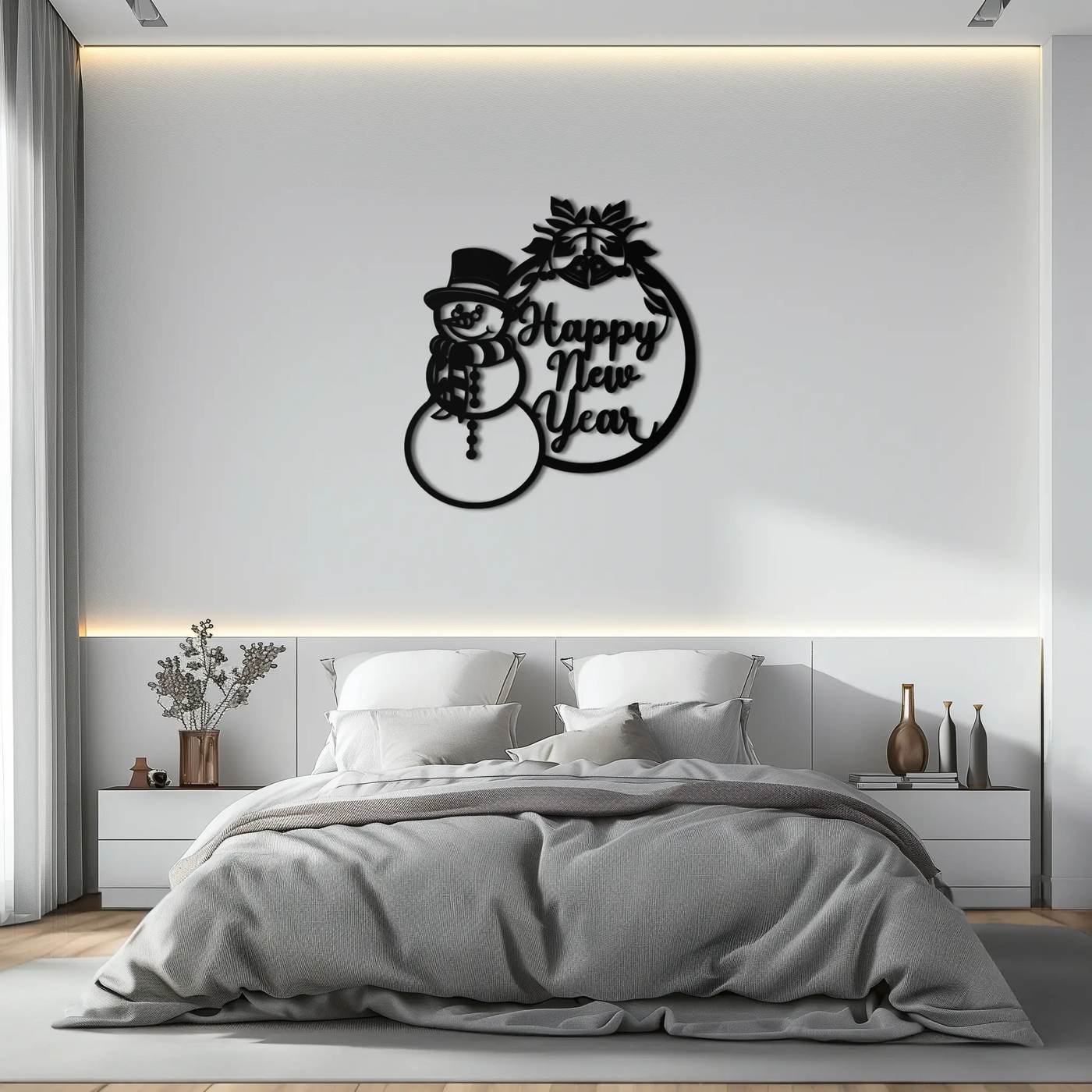 Happy New Year Metal Wall Art - Snowman Holiday Decor for Christmas and Winter- KAF305 by Enova Art