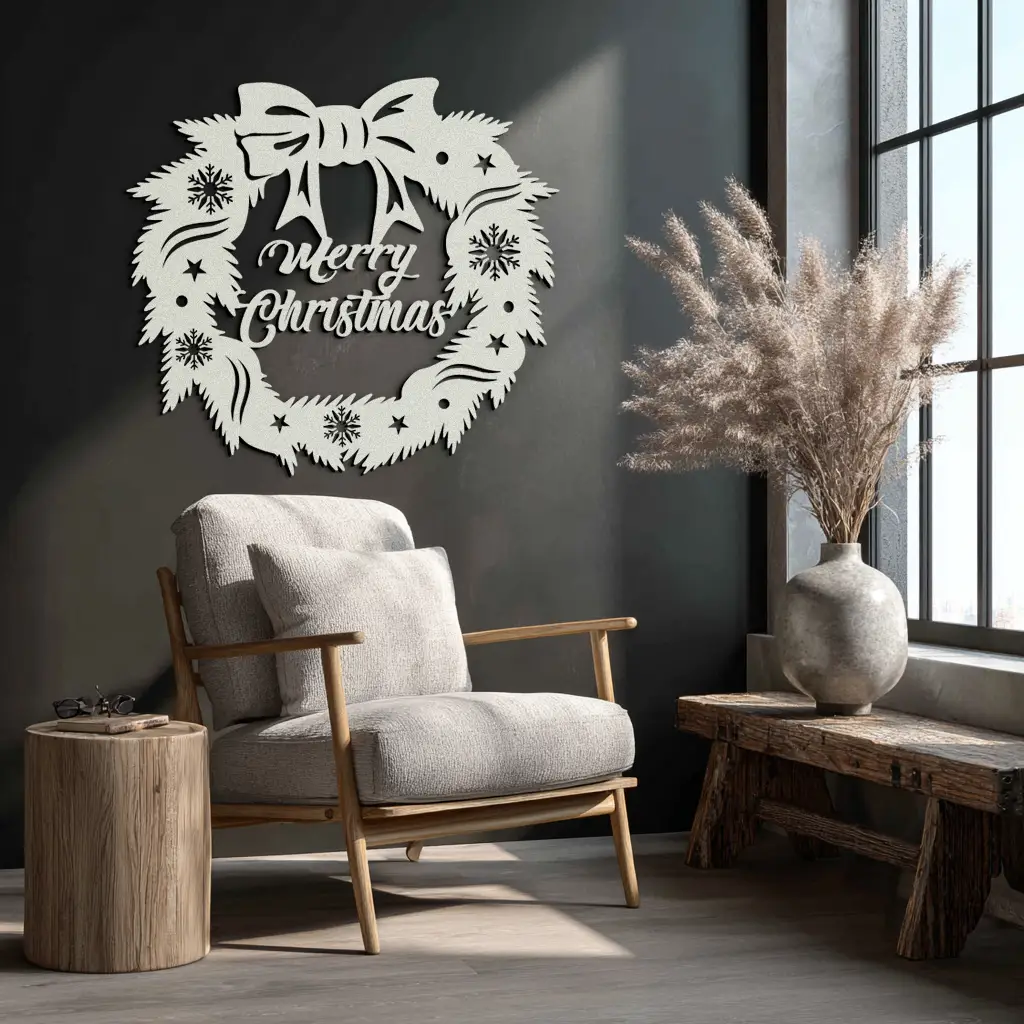 Merry Christmas Wreath Metal Wall Art - Festive Holiday Steel Decoration- KAF307 by Enova Art