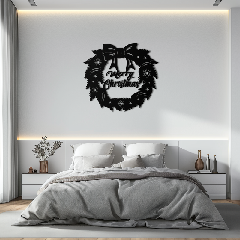 Merry Christmas Wreath Metal Wall Art - Festive Holiday Steel Decoration- KAF307 by Enova Art