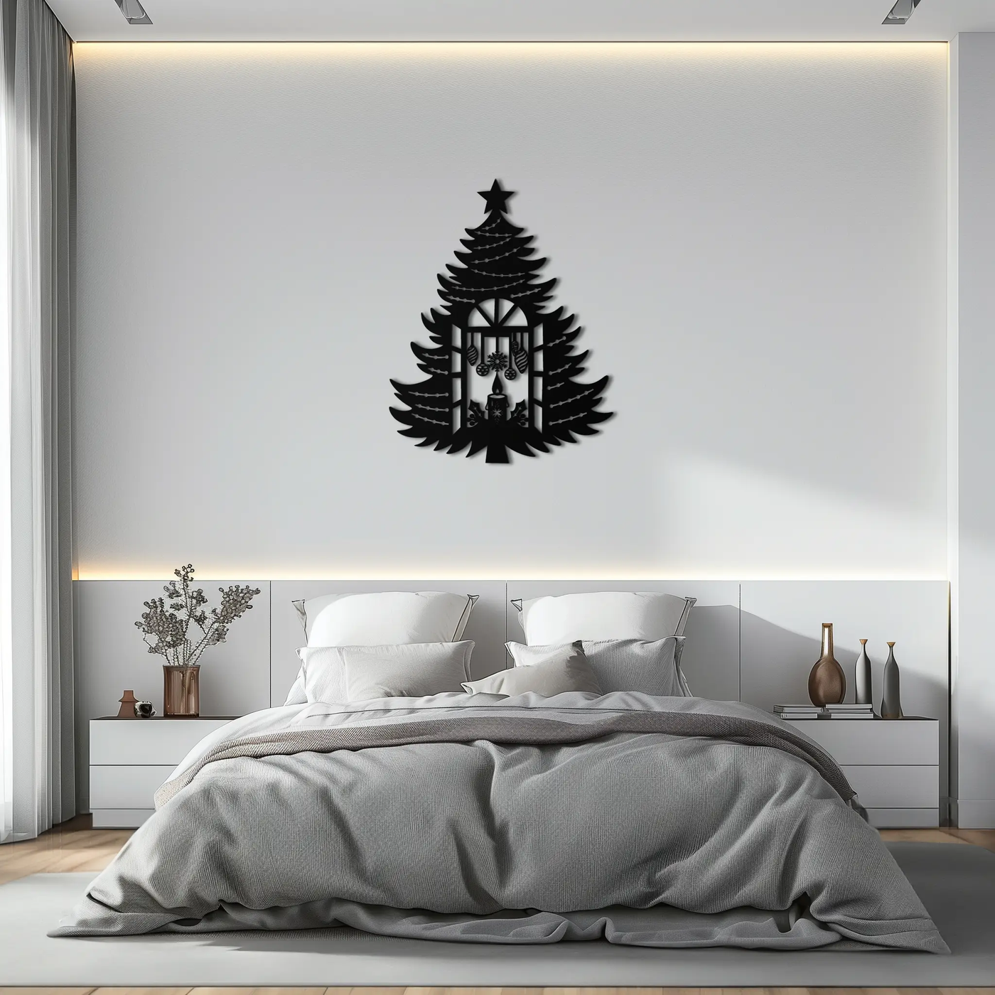 Christmas Tree Candle Window Silhouette - Festive Metal Wall Art- KAF309 by Enova Art
