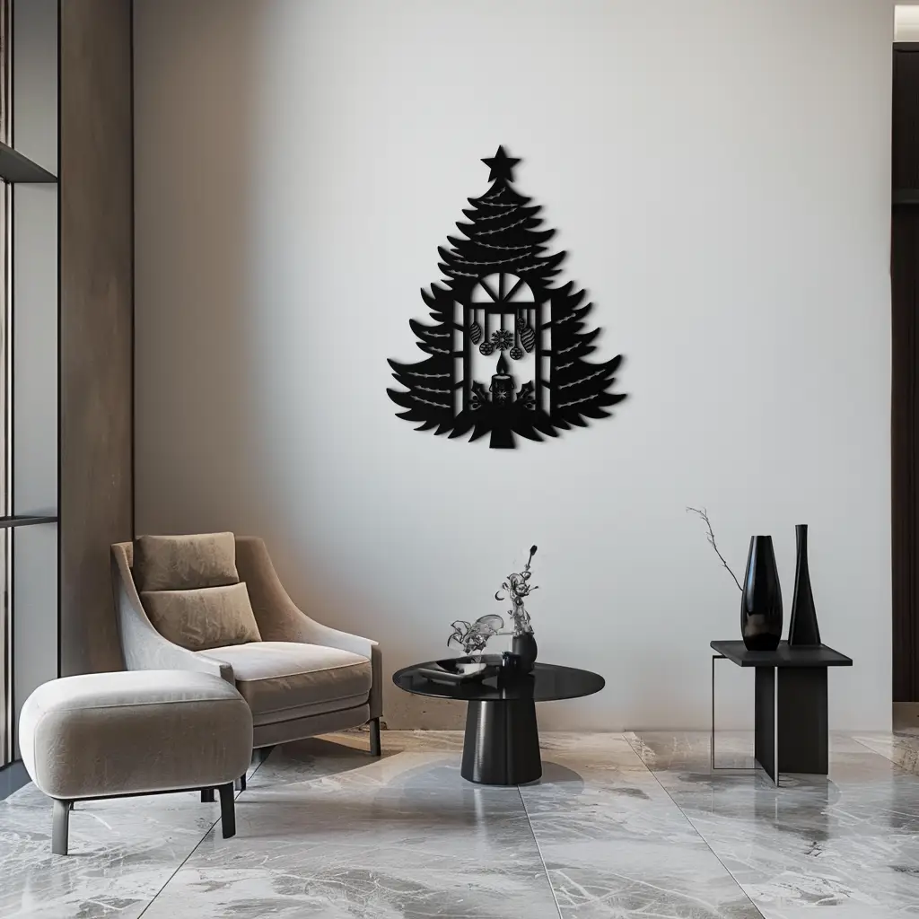 Christmas Tree Candle Window Silhouette - Festive Metal Wall Art- KAF309 by Enova Art