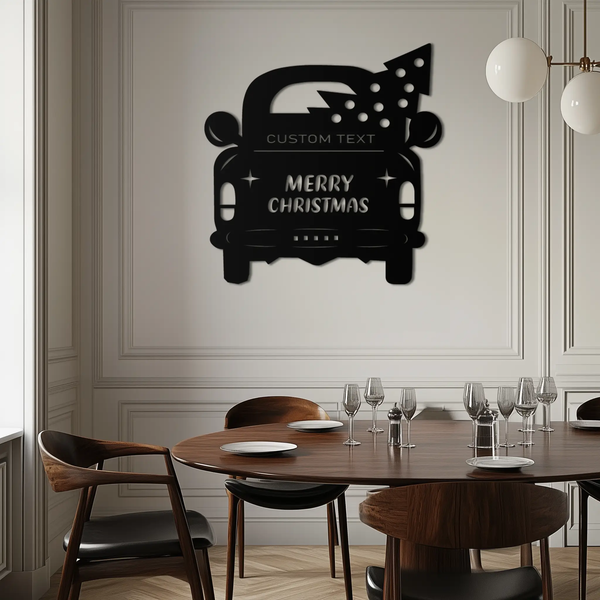 Merry Christmas Metal Wall Art - Custom Vintage Car with Tree Silhouette Decor- KAF311