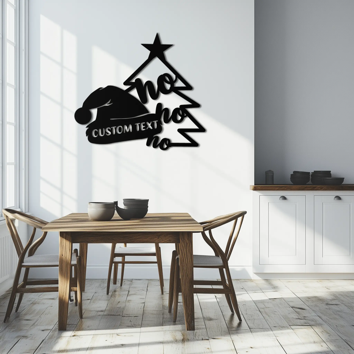 Ho Ho Ho Santa Hat & Tree Metal Wall Art - Customizable Holiday Decor- KAF314 by Enova Art