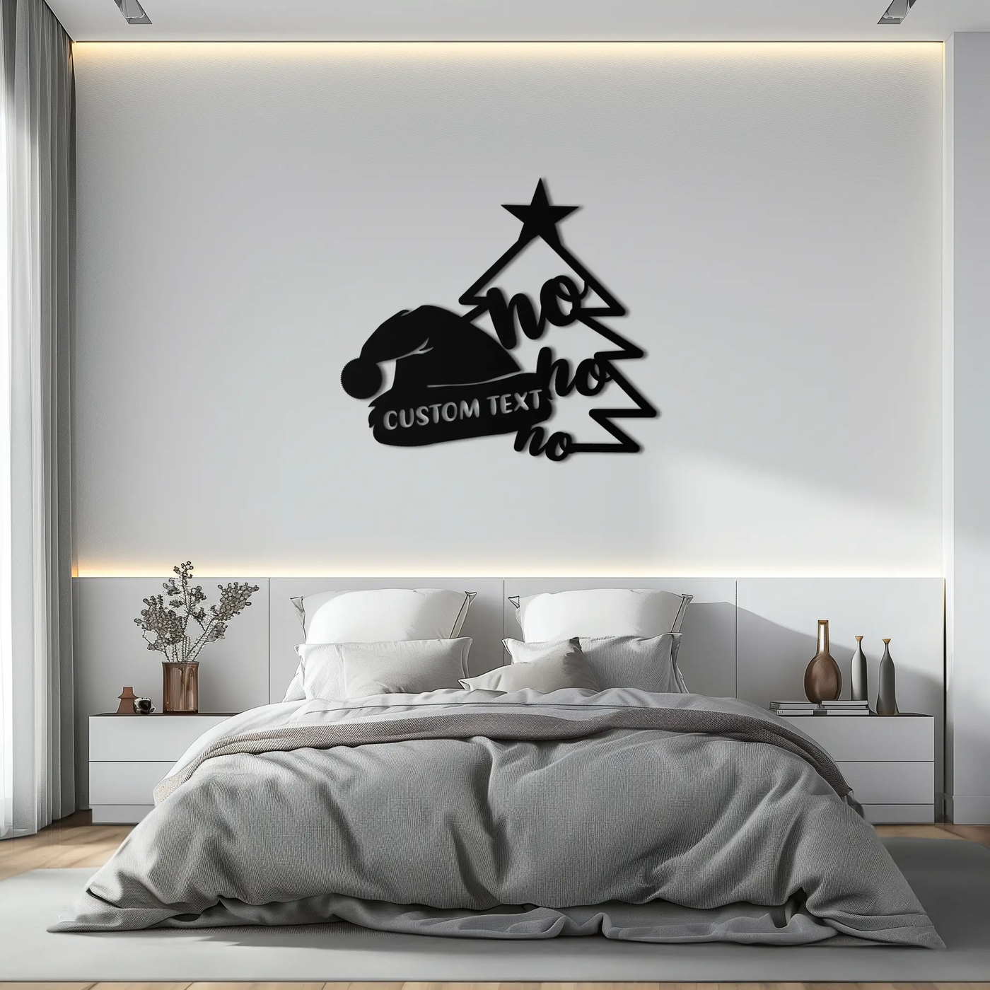 Ho Ho Ho Santa Hat & Tree Metal Wall Art - Customizable Holiday Decor- KAF314 by Enova Art