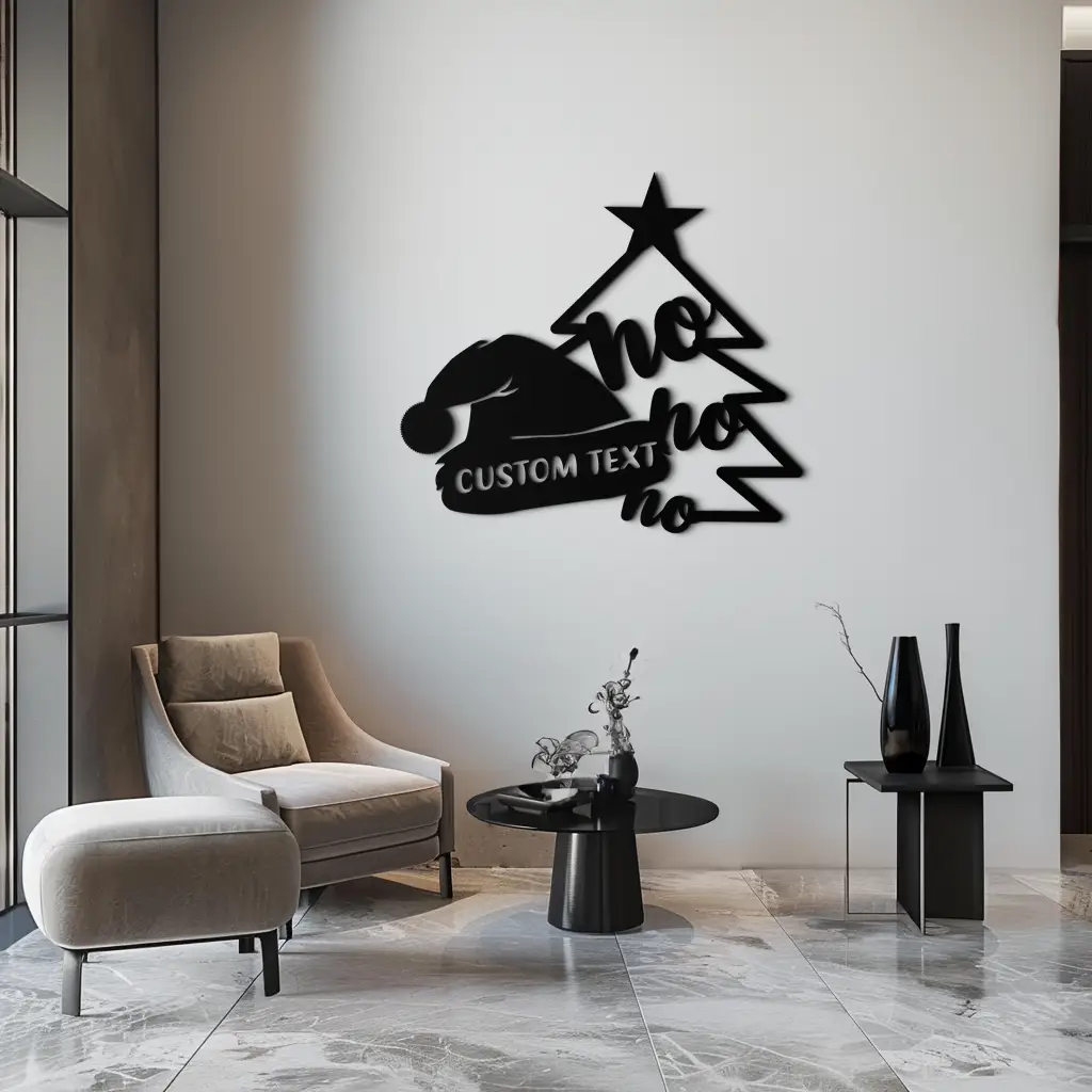 Ho Ho Ho Santa Hat & Tree Metal Wall Art - Customizable Holiday Decor- KAF314 by Enova Art