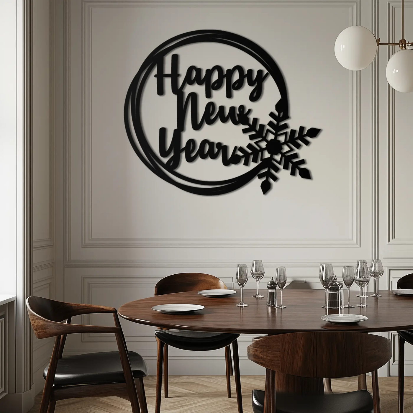 Happy New Year Snowflake Metal Wall Art - Holiday Round Steel Christmas Decor- KAF315 by Enova Art