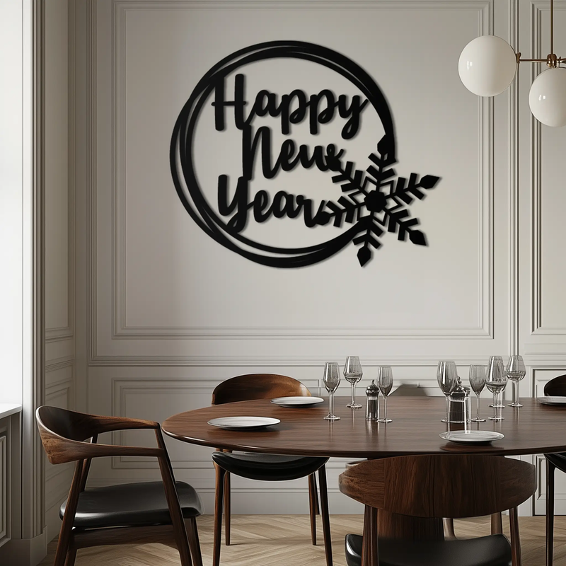 Happy New Year Snowflake Metal Wall Art - Holiday Round Steel Christmas Decor- KAF315 by Enova Art