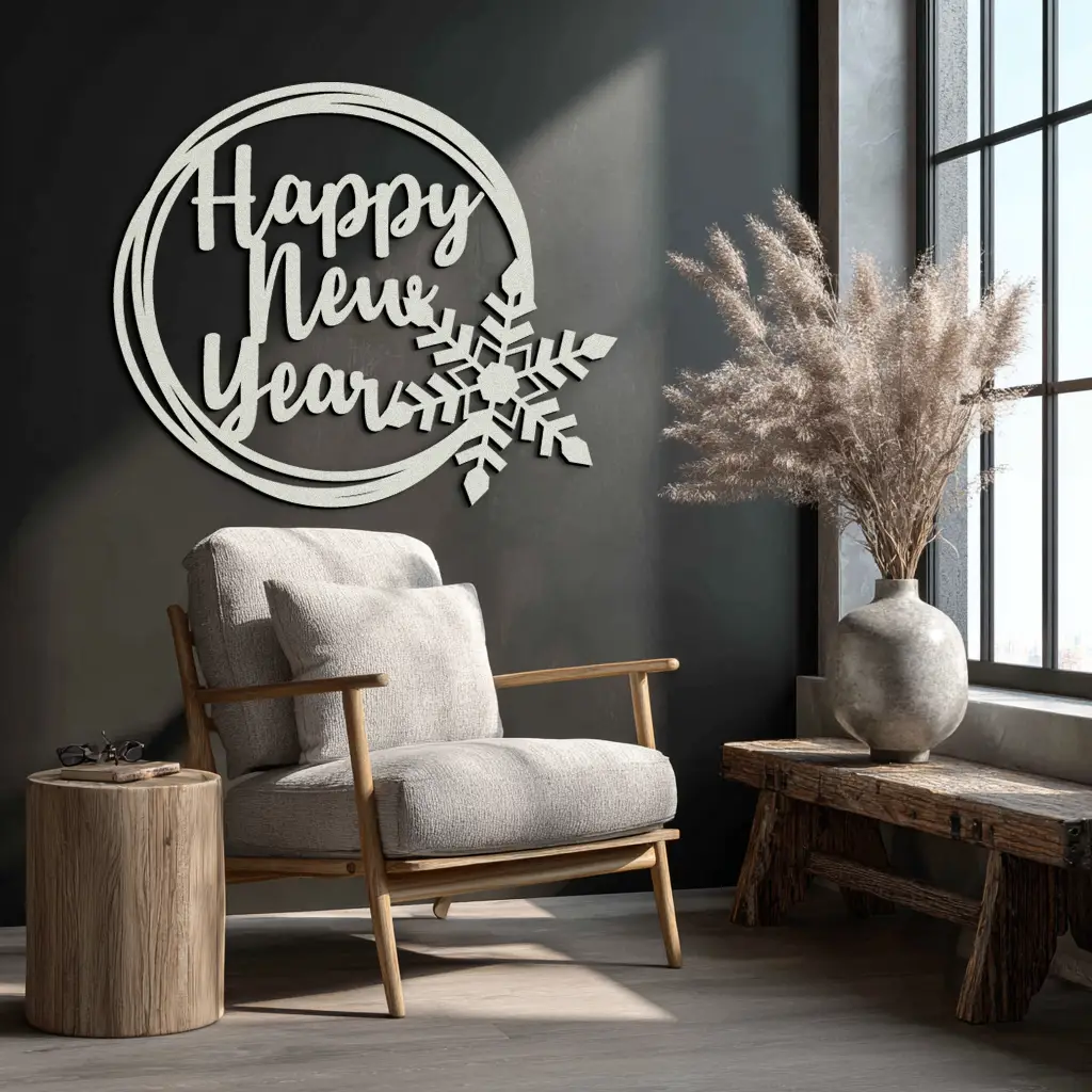 Happy New Year Snowflake Metal Wall Art - Holiday Round Steel Christmas Decor- KAF315 by Enova Art