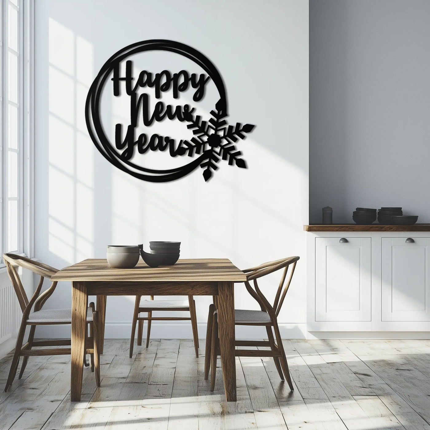 Happy New Year Snowflake Metal Wall Art - Holiday Round Steel Christmas Decor- KAF315 by Enova Art