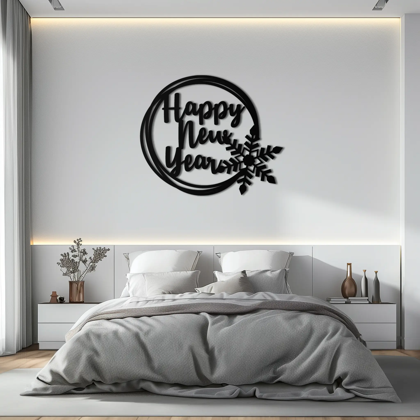 Happy New Year Snowflake Metal Wall Art - Holiday Round Steel Christmas Decor- KAF315 by Enova Art