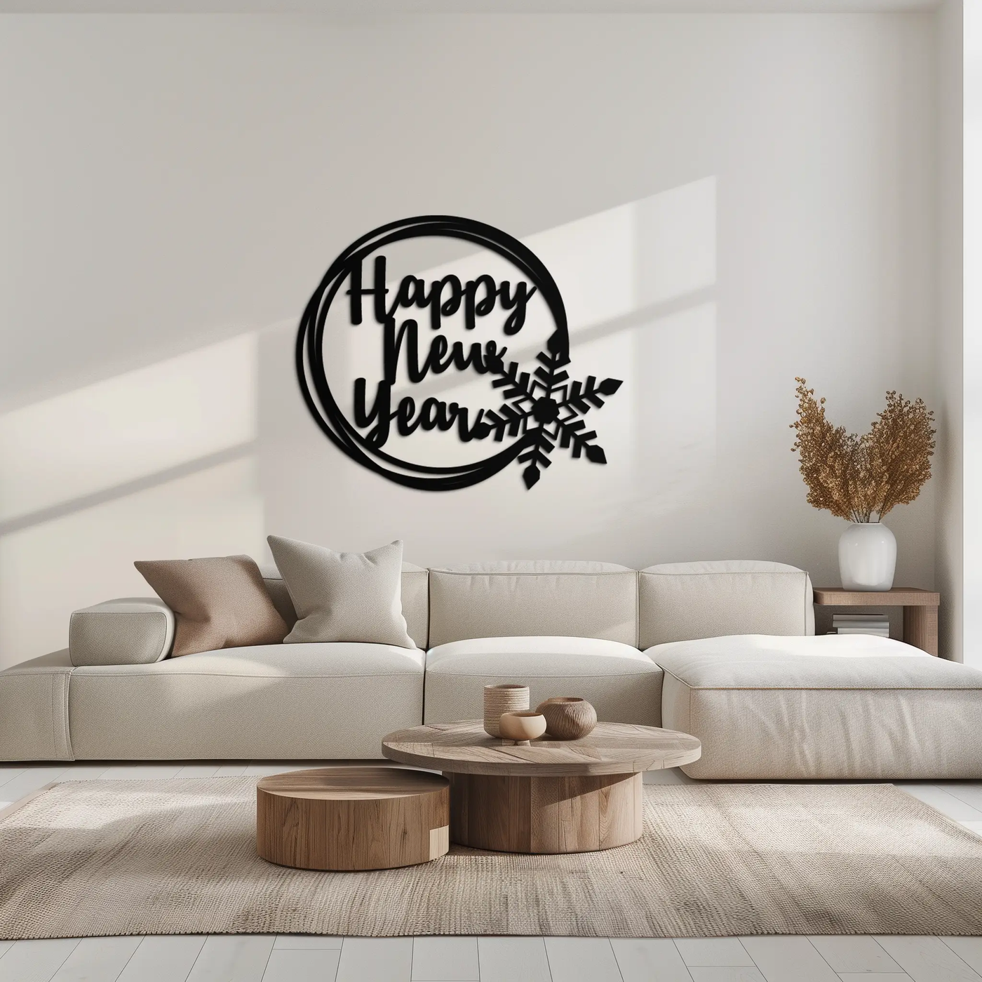 Happy New Year Snowflake Metal Wall Art - Holiday Round Steel Christmas Decor- KAF315 by Enova Art