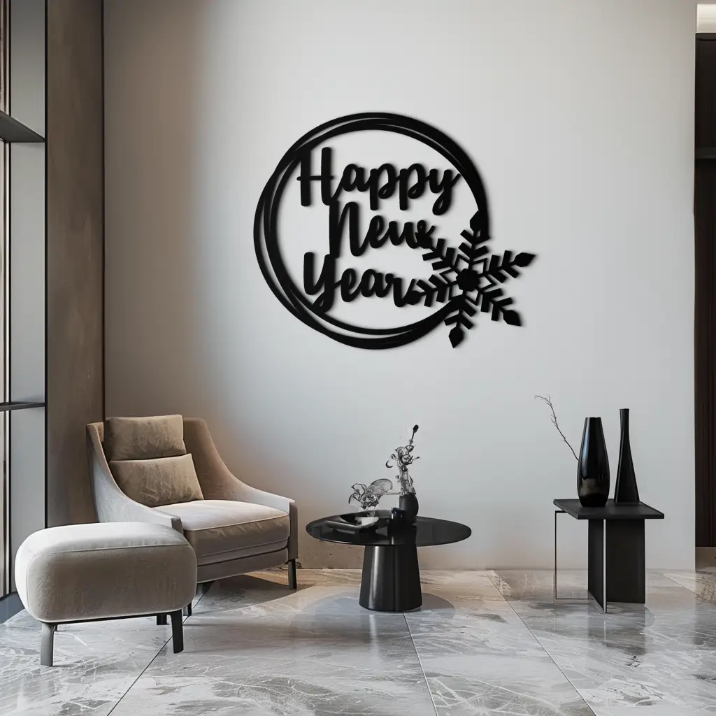 Happy New Year Snowflake Metal Wall Art - Holiday Round Steel Christmas Decor- KAF315 by Enova Art