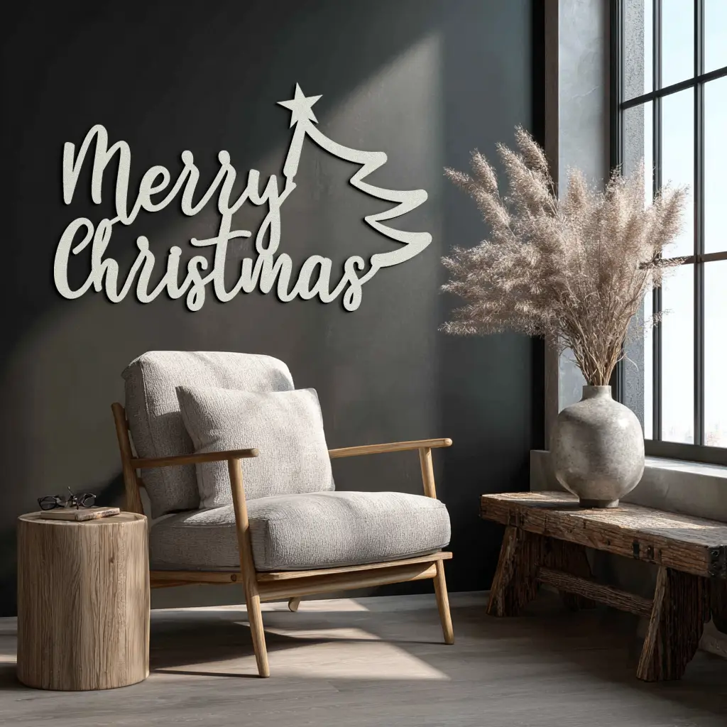 Merry Christmas Tree Metal Wall Art - Holiday Season Script Steel Decor- KAF316 by Enova Art