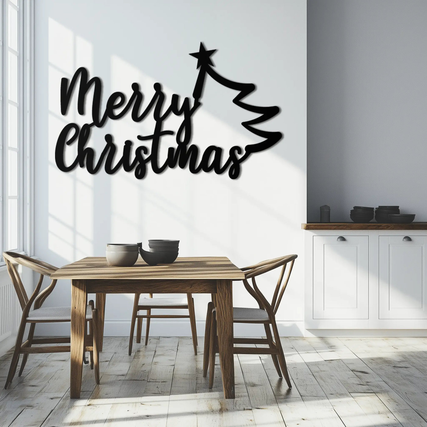 Merry Christmas Tree Metal Wall Art - Holiday Season Script Steel Decor- KAF316 by Enova Art