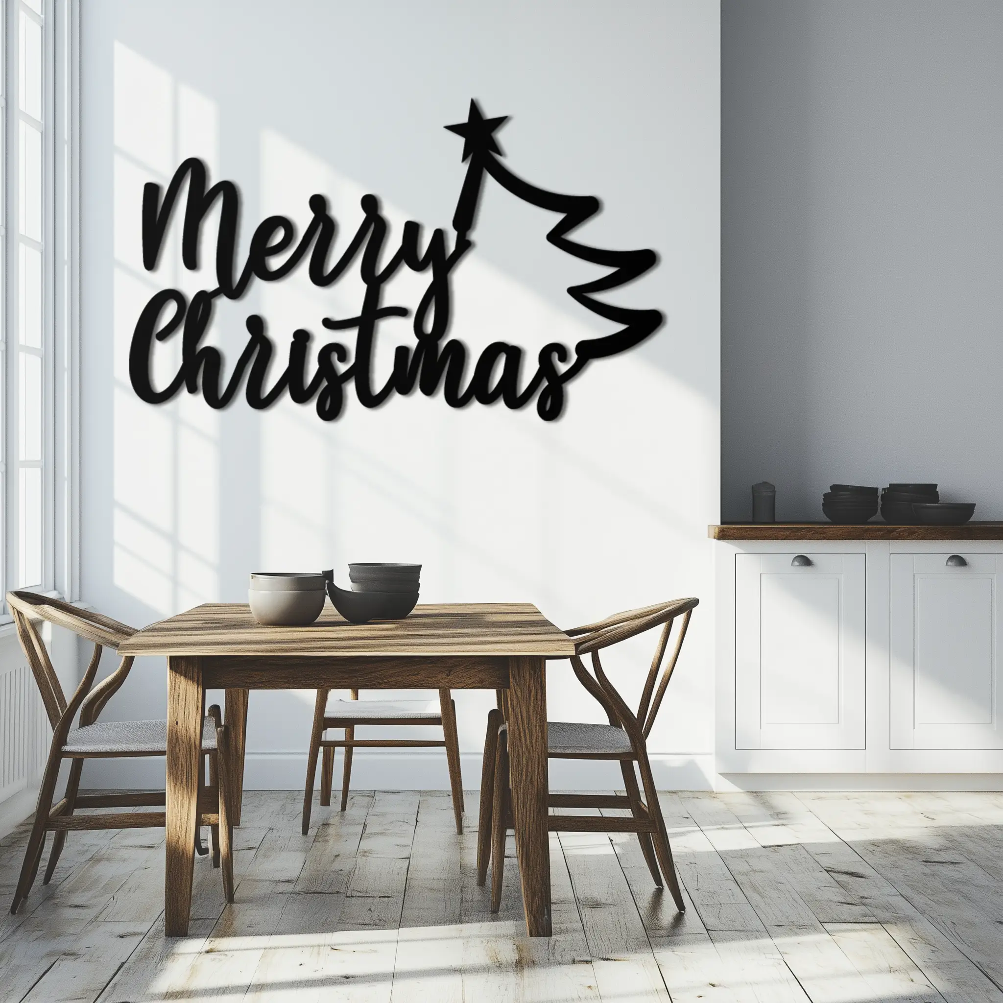 Merry Christmas Tree Metal Wall Art - Holiday Season Script Steel Decor- KAF316 by Enova Art