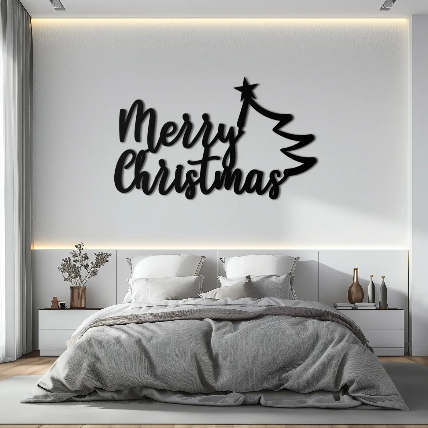 Merry Christmas Tree Metal Wall Art - Holiday Season Script Steel Decor- KAF316 by Enova Art