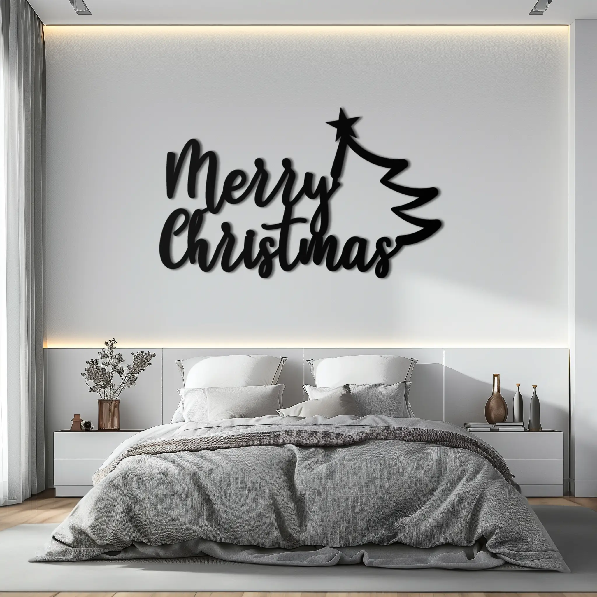 Merry Christmas Tree Metal Wall Art - Holiday Season Script Steel Decor- KAF316 by Enova Art