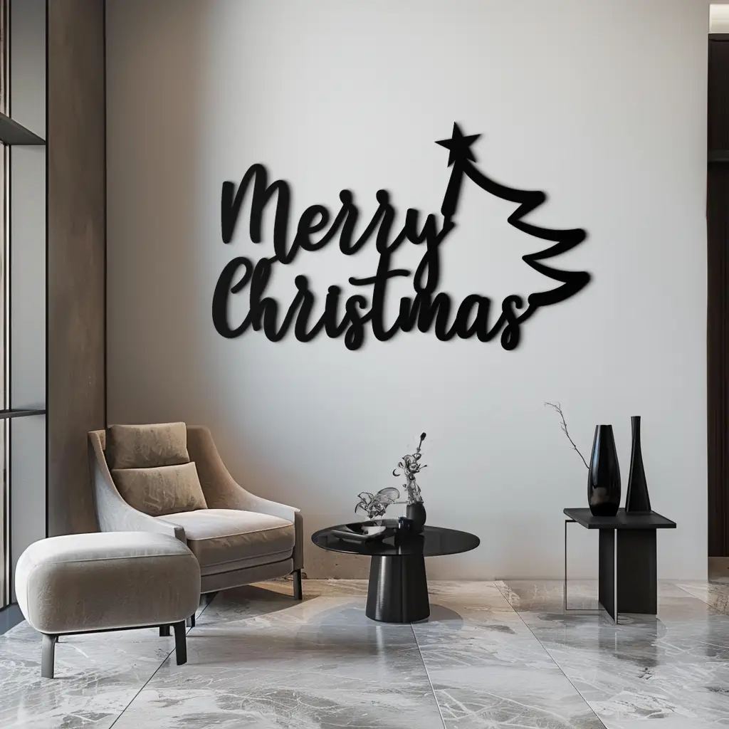 Merry Christmas Tree Metal Wall Art - Holiday Season Script Steel Decor- KAF316 by Enova Art