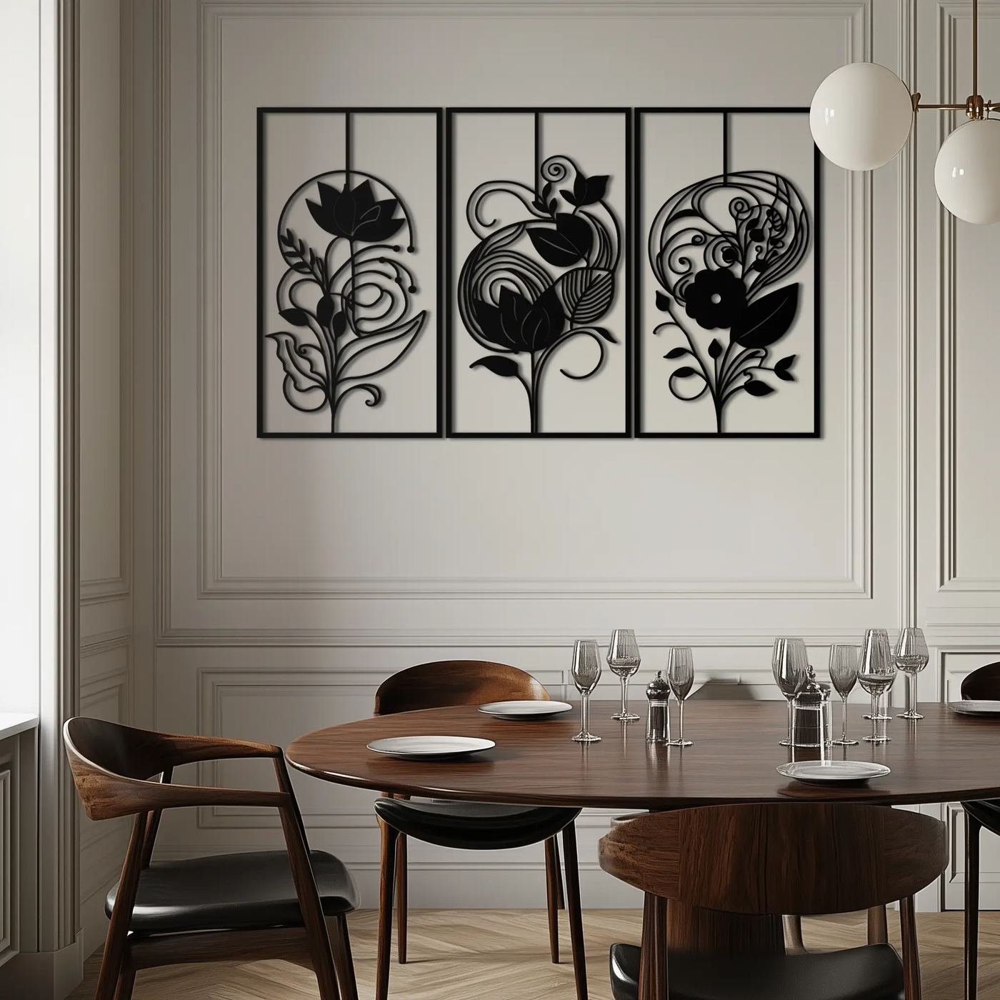 Floral Panel Trio Metal Wall Art - Elegant Black Botanical Wall Decor Set- KAF317 by Enova Art