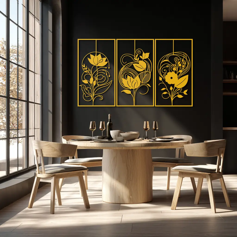Floral Panel Trio Metal Wall Art - Elegant Black Botanical Wall Decor Set- KAF317 by Enova Art