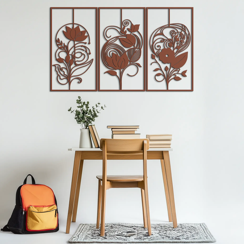 Floral Panel Trio Metal Wall Art - Elegant Black Botanical Wall Decor Set- KAF317 by Enova Art