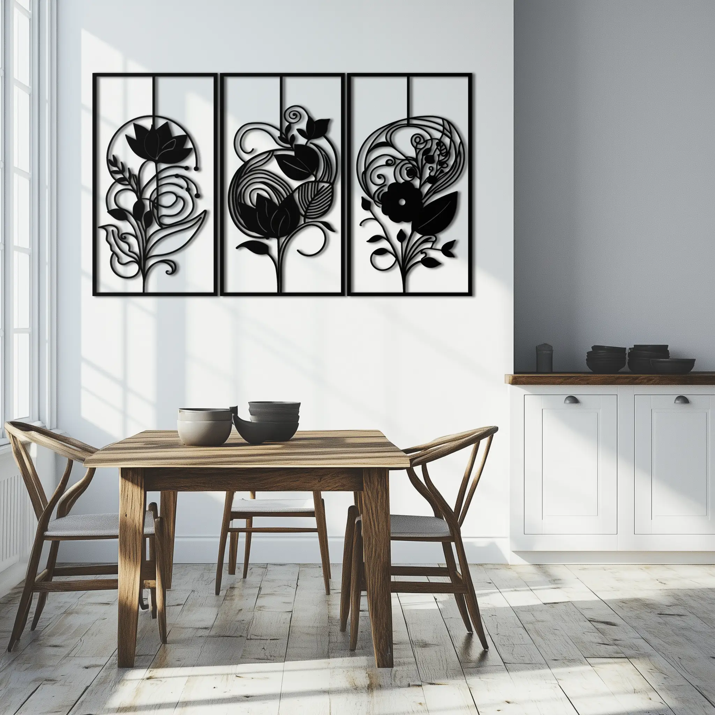 Floral Panel Trio Metal Wall Art - Elegant Black Botanical Wall Decor Set- KAF317 by Enova Art