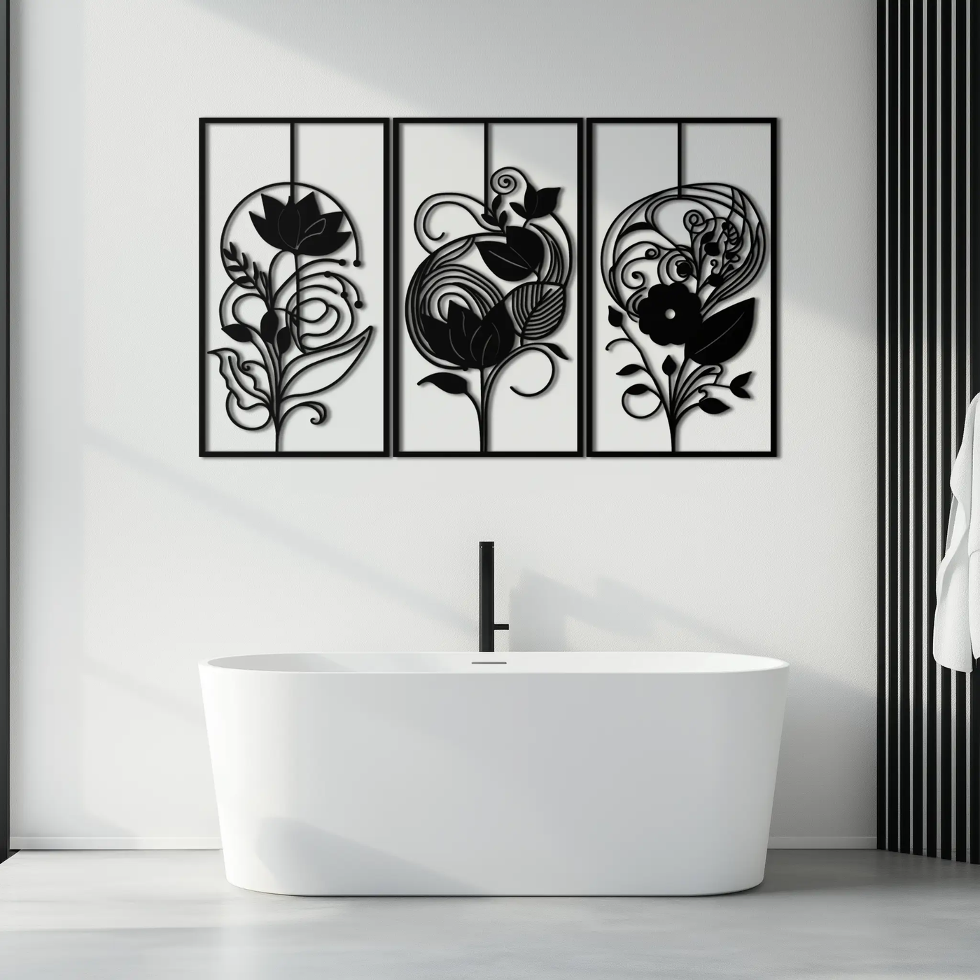 Floral Panel Trio Metal Wall Art - Elegant Black Botanical Wall Decor Set- KAF317 by Enova Art