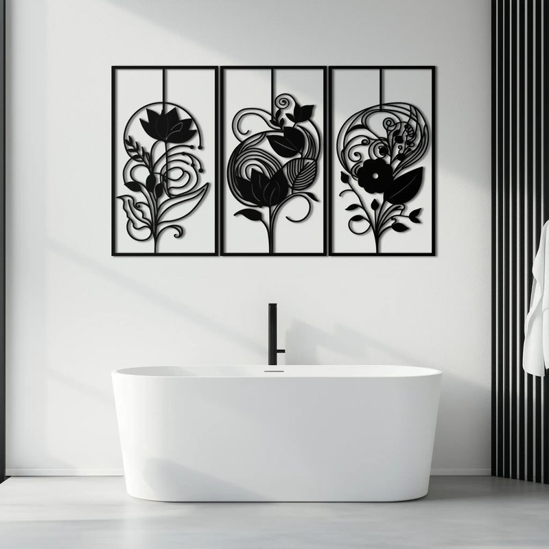 Floral Panel Trio Metal Wall Art - Elegant Black Botanical Wall Decor Set- KAF317 by Enova Art