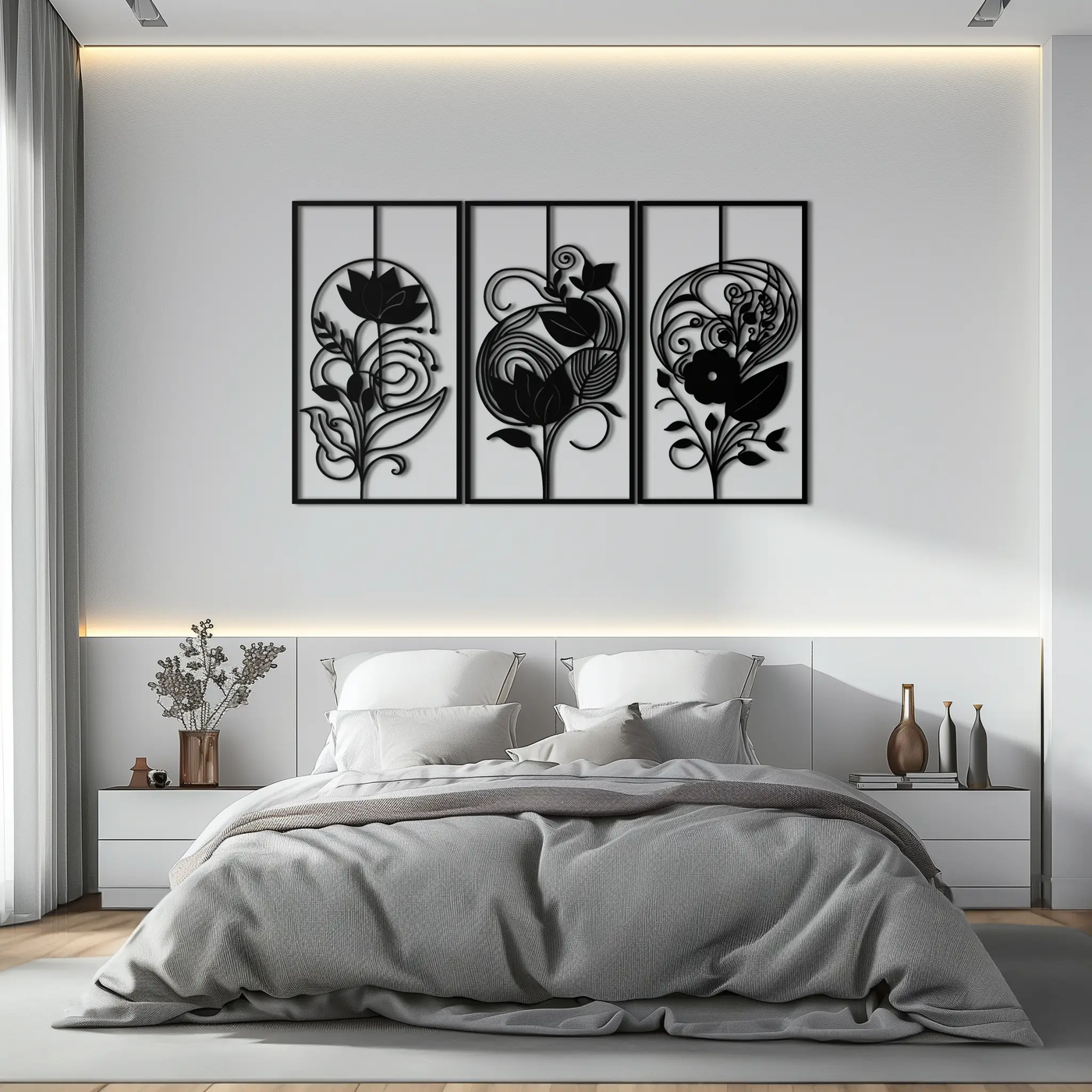 Floral Panel Trio Metal Wall Art - Elegant Black Botanical Wall Decor Set- KAF317 by Enova Art