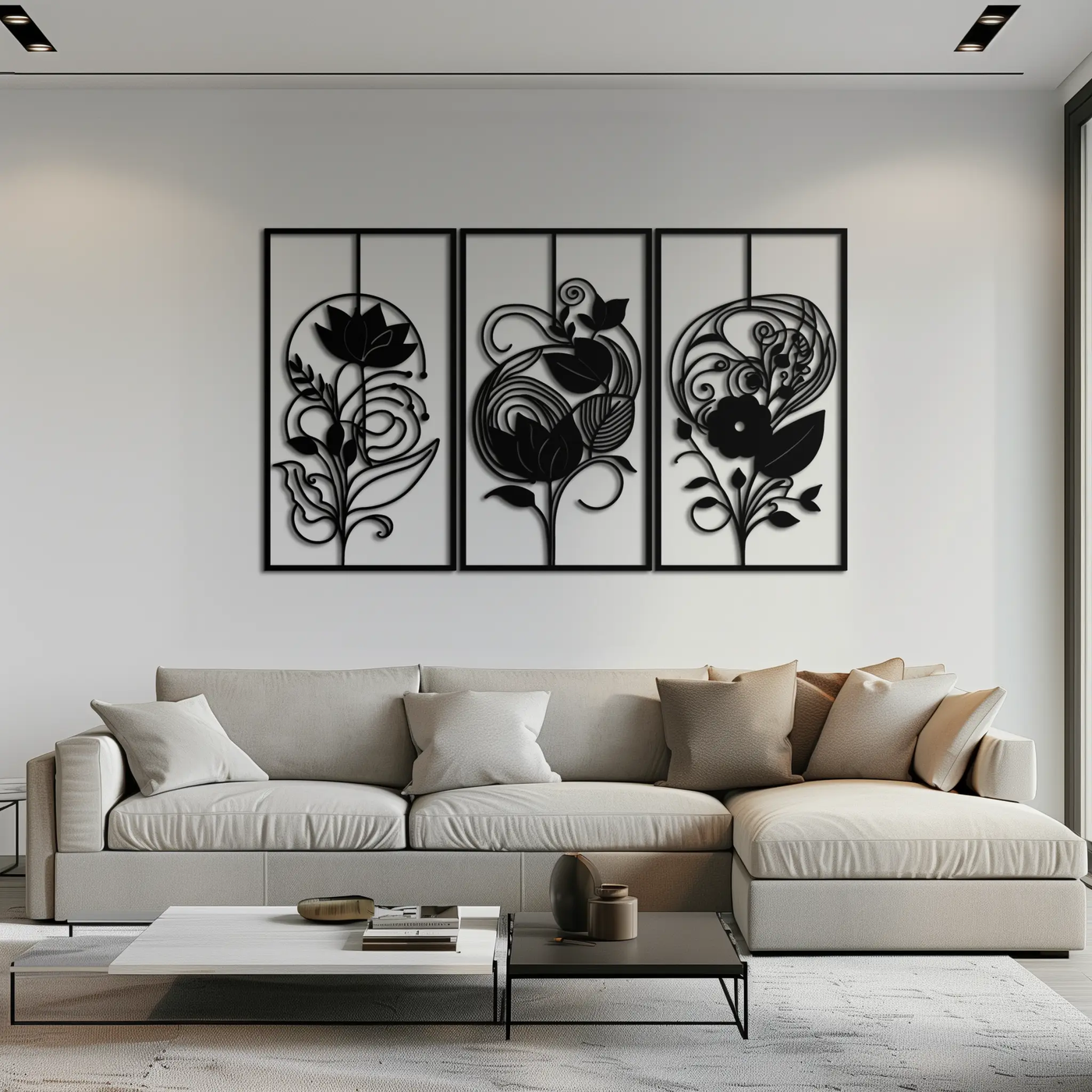 Floral Panel Trio Metal Wall Art - Elegant Black Botanical Wall Decor Set- KAF317 by Enova Art
